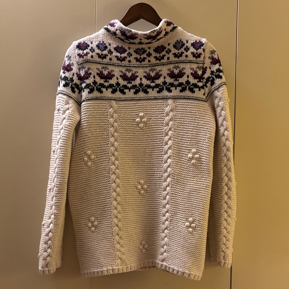 Lands' End Cream and Purple Fair Isle Wool Blend Sweater Medium